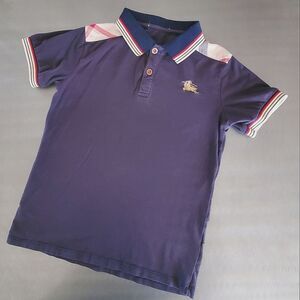 Burberry Kids Navy Blue Nova Check Plaid Embroidered Logo Polo Shirt  8Y 10Y